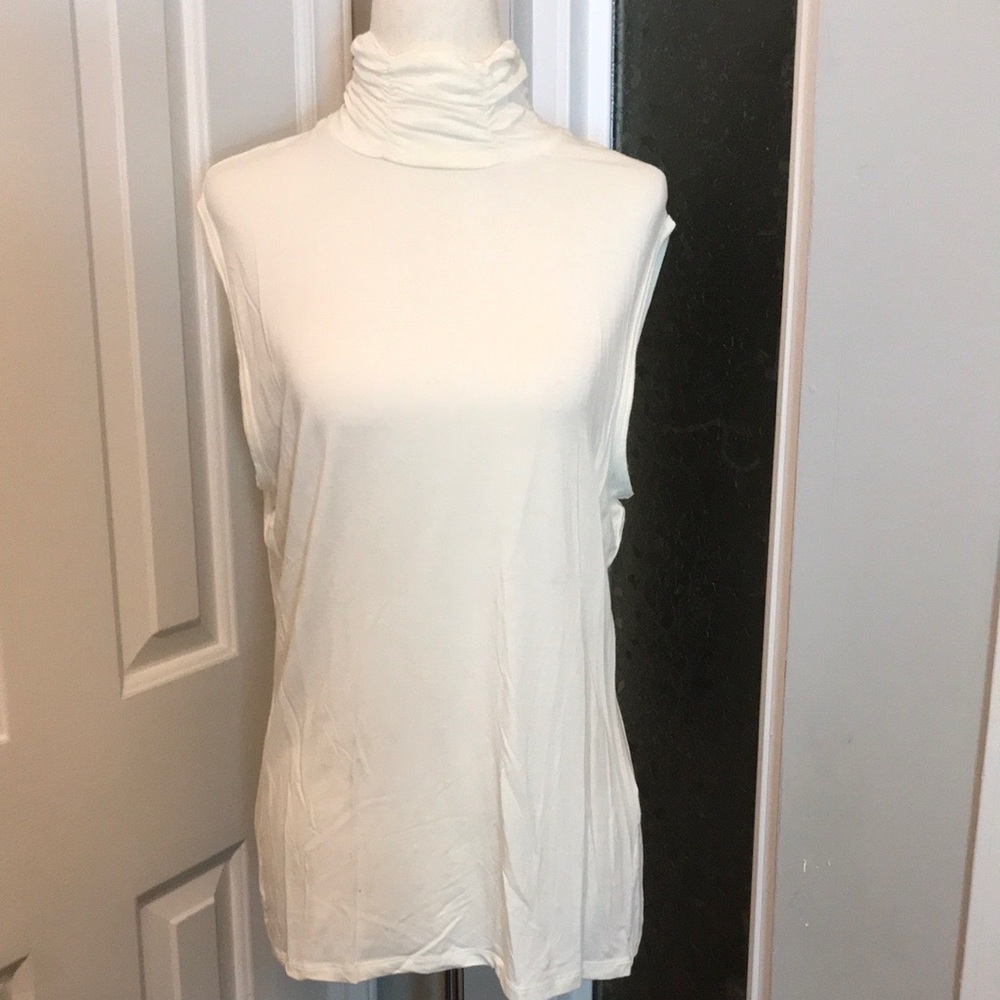 Sleeveless Cream Gathered Turtleneck Top